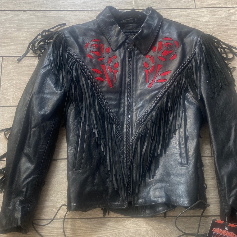 Interstate Black Leather Jacket  Rose Moto W/ Fringe XS NWT